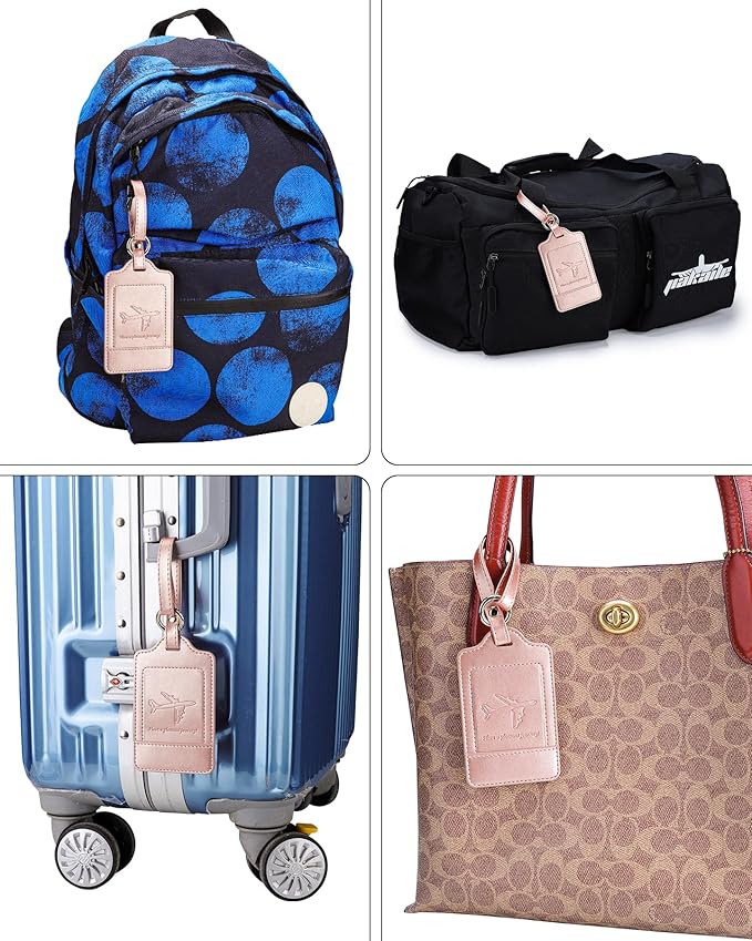 3 Pack Luggage Tags - Quick Install, Privacy Protection, Airplane Travel Essentials for Suitcases, Durable Leather - Rose Gold