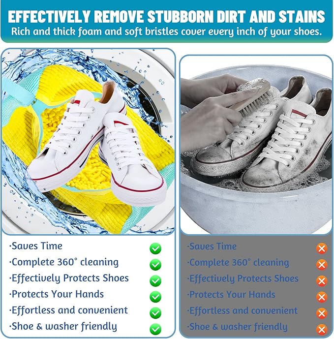 Set of 2 Reusable Shoe Laundry Bags, 360° Deep Clean, Noise-Reducing Sneaker Washing Bags for Machine Wash, Protect Shoes & Washer Drum, Anti-Skid Zipper, Durable Chenille Interior