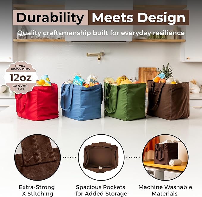 VeraMia Canvas Grocery Bag 3pc XL Set with Real Pockets, Long Shoulder Strap and Short Handle. Heavy Duty, Foldable, Washable