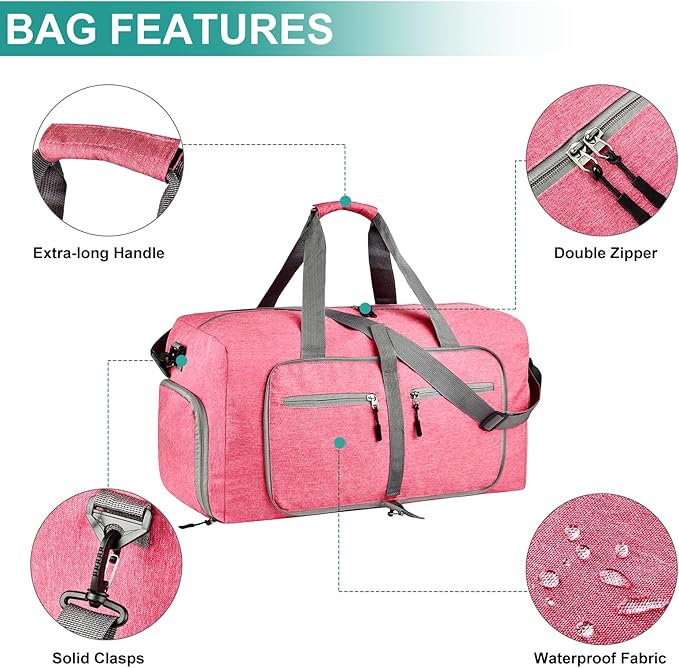 Dimayar 65L Travel Duffle Bag for Men Women - Foldable Duffel Bag with Shoes Compartment - Overnight Bags Waterproof & Tear Resistant(Pink)