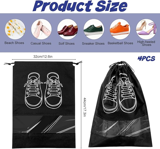 4Pcs Travel Shoe Bag Shoe Storage Bag with Clear Window Drawstring Shoes Bags for Packing in Suitcase Shoes Pouch for Men Women