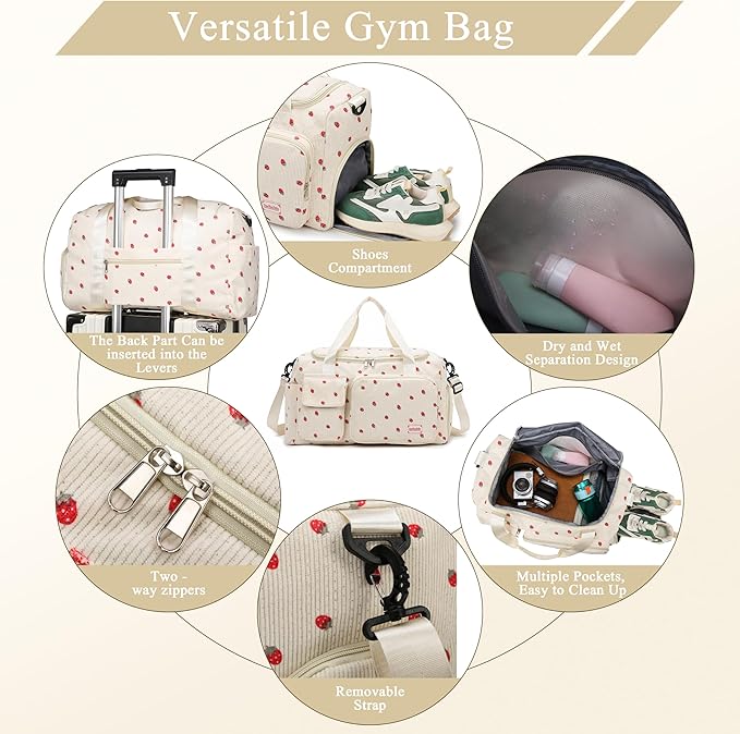 Small Gym Bags for Women, Travel Duffle Bag with Shoes Compartment, 4 in 1 Carry on Weekender Overnight Bag with Dry Wet Separated Pocket, Sport Gym Tote Bag for Yoga, Dance, Swimming, Workout, Ballet