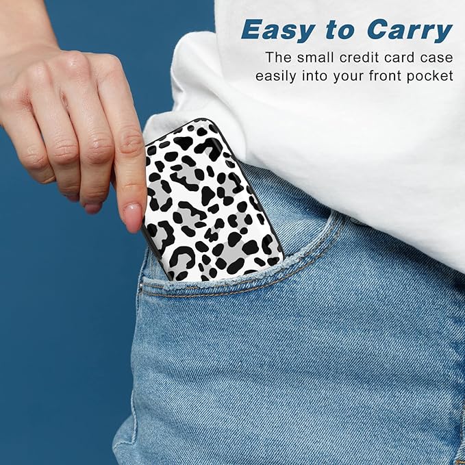 Credit Card Holder, Mini Aluminum Card Wallet RFID Blocking Slim Metal Hard Card Case for Women Men, White Leopard