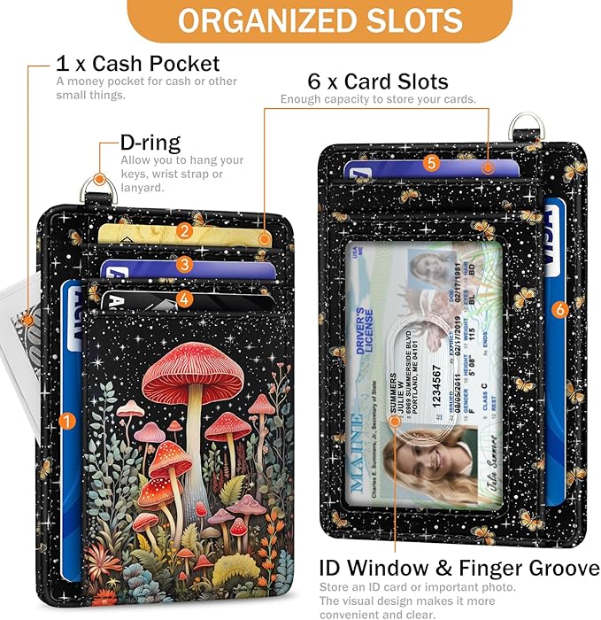 Yonlevres Mushroom Credit Card Holder Slim Wallet, RFID Wallet Women Front Pocket Small Card Holder, Travel Funny Cute Thin Card Case with ID Window PU Leather RFID Blocking Card Organizer Gifts Girls
