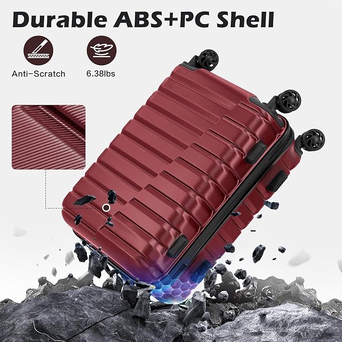 Coolife Luggage Sets, 3 Piece Hard Shell Suitcase Set with Spinner Wheels, Expandable Large Checked Luggage, Lightweight Rolling Carry On with TSA Lock Wine Red