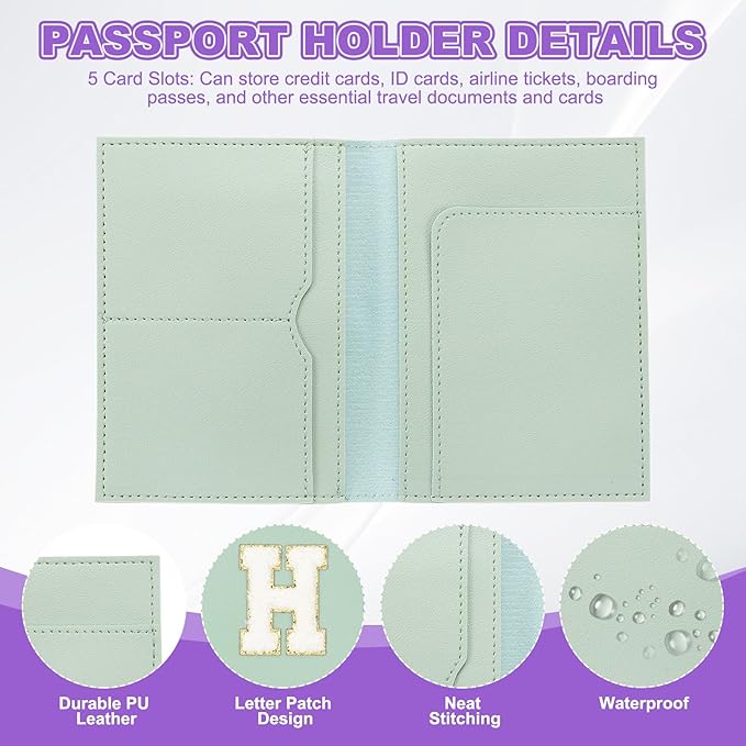 PATIKIL Passport Holder for Travel, Initial Passport Cover and Luggage Tag Set with Alphabet Chenille Letter Patch Travel Wallet Bag Suitcase Identifier for Women Family Travel Green H