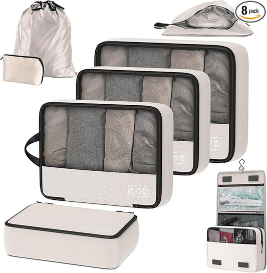 8-Piece Compression Packing Cubes for Travel, Ultralight Aesthetic Luggage Organizer Set, Space Saving Double Zipper Design for Carry-On & Suitcase Organizer, Travel Essentials- Beige