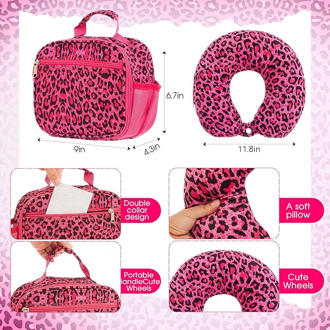Redbaker 17 Inch 6 Pcs Kids Luggage Set Kids Rolling Luggage Double Pattern Suitcase for Boys Girls (Hot Pink, Leopard Print Style)