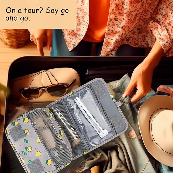 Foldable Hanging Travel Toiletry Bag,Waterproof Portable Travel Bags, Multifunction Travel Makeup Cosmetic Bag Organizer with Hanging Hook (Grey Lemon)