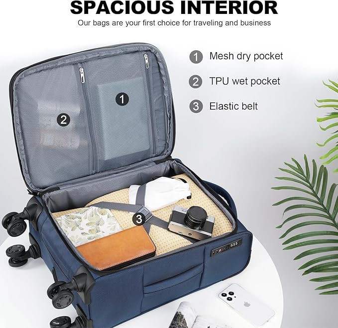 KROSER Softside Expandable Carry On Luggage with Front Business Pockets，20 Inch Suitcases with Spinner Wheels & Built-in TSA Lock, Durable Suitcase Rolling Luggage with USB Port, Haze Blue
