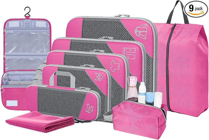 9-Set Packing Cubes with Hanging Bag | 9-Size Combination, Mesh Fabric & Reflective Stripe | Travel Luggage Organizers (Pink)