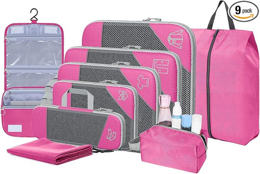 9-Set Packing Cubes with Hanging Bag | 9-Size Combination, Mesh Fabric & Reflective Stripe | Travel Luggage Organizers (Pink)
