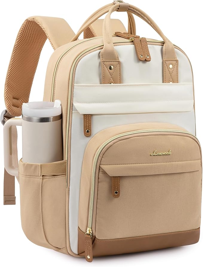 LOVEVOOK Laptop Backpack for Women with Giant Tumbler Holder Pocket,15.6 inch School College Bookbag Nurse Teacher Backpack,Work Travel Backpack Purse Laptop Computer Bag,Beige-Off-white-Earthy yellow