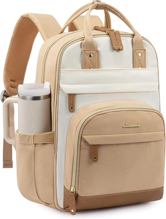 LOVEVOOK Laptop Backpack for Women with Giant Tumbler Holder Pocket,17.3 inch School College Bookbag Nurse Teacher Backpack,Work Travel Backpack Purse Laptop Computer Bag,Beige-Off-white-Earthy yellow