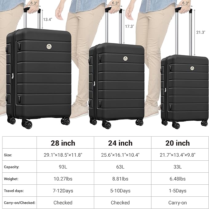 Classic 3-Piece Luggage Set with TSA Lock, Lightweight Suitcase with Spinner Wheels, Hardshell Expandable Carry-On Luggage, 20/24/28 inch, Black