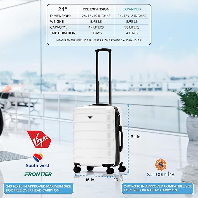 Flight Knight 24x16x10 Expandable Carry On Suitcase Hardside TSA Lock USB C Lightweight Luggage Silent Double Spinner Wheels Maximum Overhead Carry-On Bag For Virgin South West Approved White