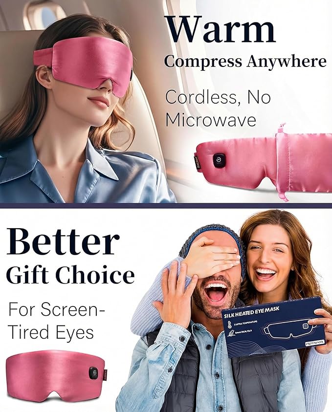 Heated Eye Mask for Dry Eyes - Silk Cordless Warm Eye Compress Moist Heat, Eye Heating Pad for Stye Treatment, Tired Eyes, Sleep, Travel, Washable, Rechargeable, Pink