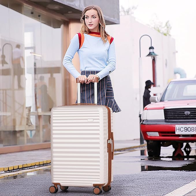 SHOWKOO Suitcase Hardside Expandable Luggage Set, Suitcase with Double Spinner Wheels TSA Lock 3 Piece Set Beige White (DB/TB/28in)