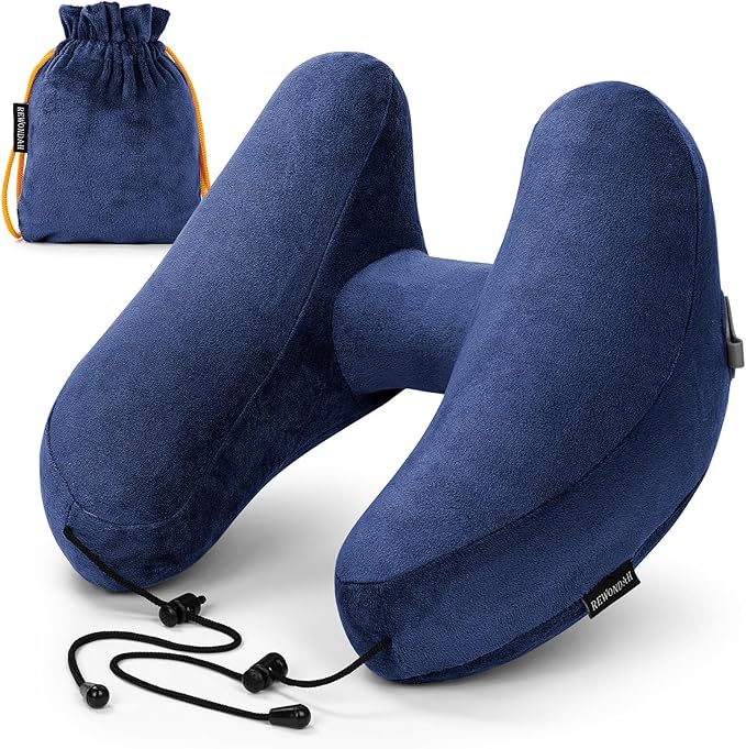 Rewondah Inflatable Travel Pillow, H-Shape Inflatable Neck Pillow for Traveling on Plane, Washable Cover Travel Pillow Airplane Pillow for Neck Support, Blow up Neck Pillows for Air Travel