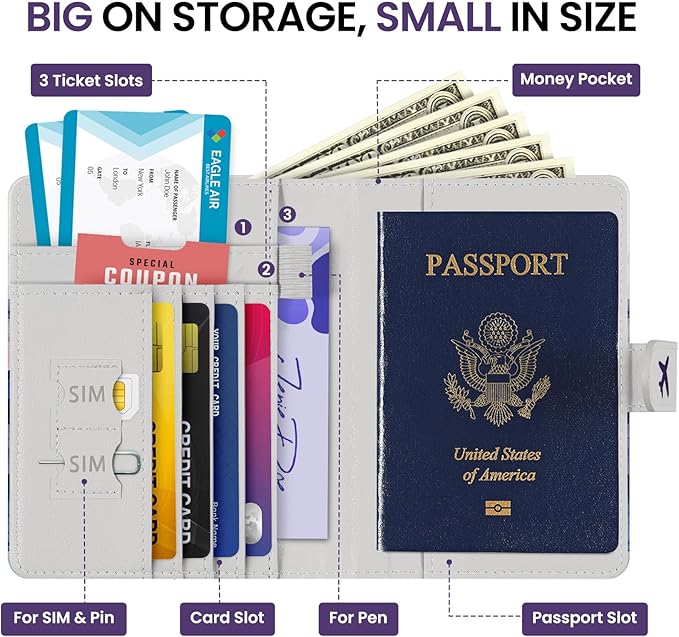 Passport Holder for Travel Essentials, RFID Blocking Leather Cover Wallet with Magnetic Closure, Aesthetic & Cute Passport Book Case for Women and Men - Hill