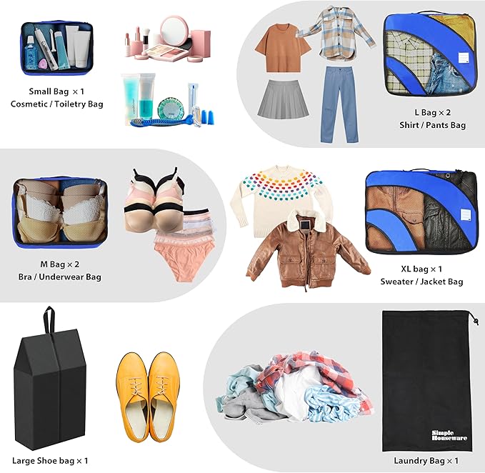 Simple Houseware 8-Set Packing Cubes for Travel, Luggage Organizer with Laundry Bag, Shoe Bag & Clear Pocket Label, Blue