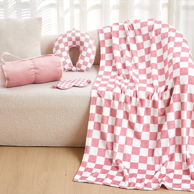 5 Pcs Travel Pillow and Blanket Set, 5 in 1 Travel Airplane Compact Includes 40 x 60 Inch Throw Blanket Eye Mask Neck Pillow Earplug and Bag Gifts for Travelers Women(Checkered,Pink)