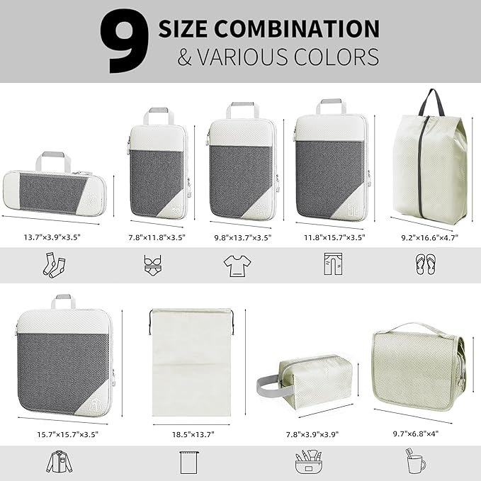 9-Set Packing Cubes with Hanging Bag | 9-Size Combination, Mesh Fabric & Reflective Stripe | Travel Luggage Organizers (Beige)
