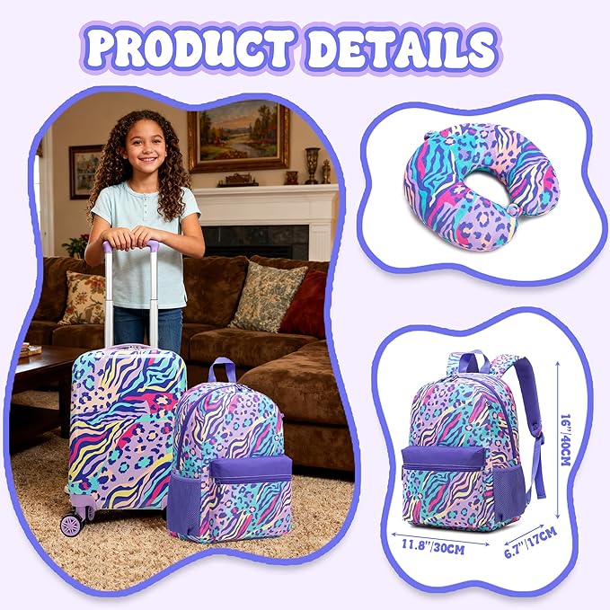 Kids Carry on Luggage Sets 5 Piece Rolling Suitcases for Girls Women with Wheels Toddler Hardshell Suitcase Set Airplane Approved
