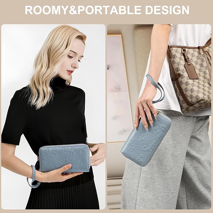 yiijay Womens Wallet RFID Blocking Large Capacity Vegan Leather Double Zip Wristlet Wallet Card Holder Travel Ladies Clutch