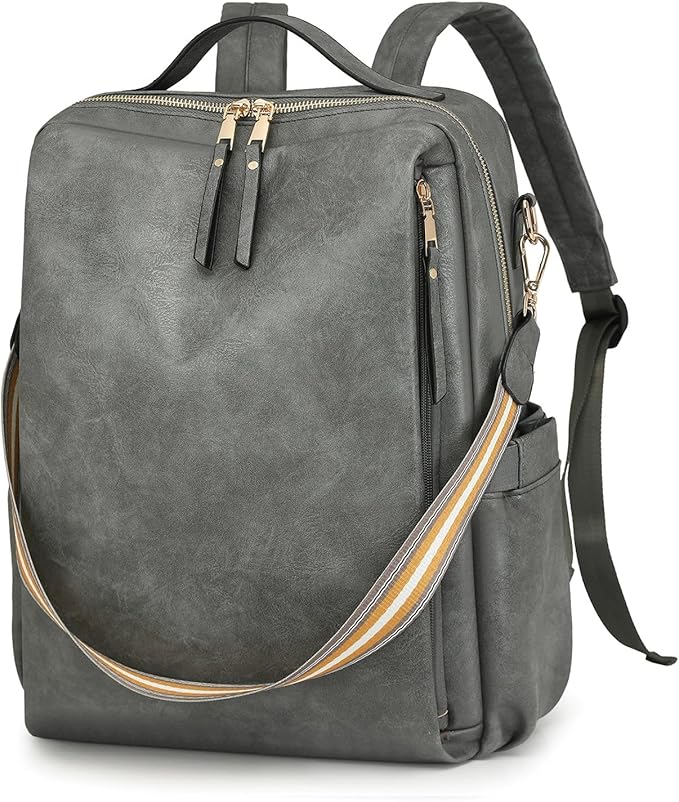 myfriday PU Leather Large Backpack Purse for Women Casual Travel Backpack Convertible Satchel Handbags With Luggage Strap (Grey)