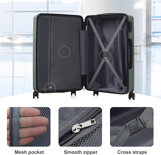 Merax Luggage Set 6 Piece,Lightweight Hardshell Suitcase with Double Spinner Wheels Handle Password Lock,14 IN Cosmetic Case 20/24/28 IN Luggages with Duffel Bag and Toiletry Bag,Army Green