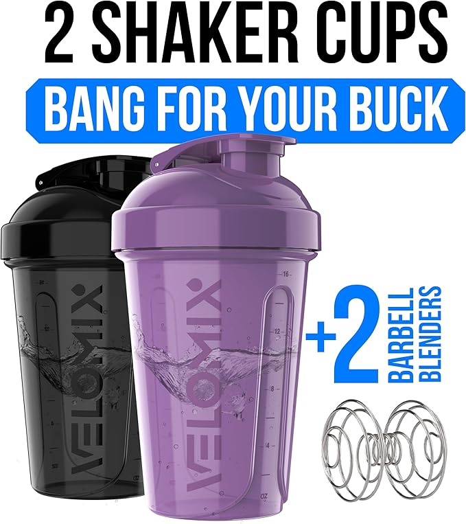 VELOMIX -2 Pack- 20 oz Protein Shaker Bottles for Protein Mixes - 2x Wire Whisk | Leak Proof Shaker Cups for Protein Shakes and Pre Workout | Protein Shaker Bottle Pack (Purple/Black)