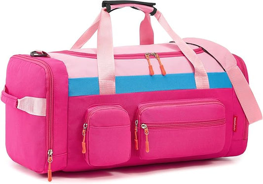 WOOMADA Kids Duffle Bag for Boys or Girls,Weekender Overnight Bag with Shoe Compartment & Wet Pocket Perfect For School, Sports, Overnight Trips(Hot Pink)