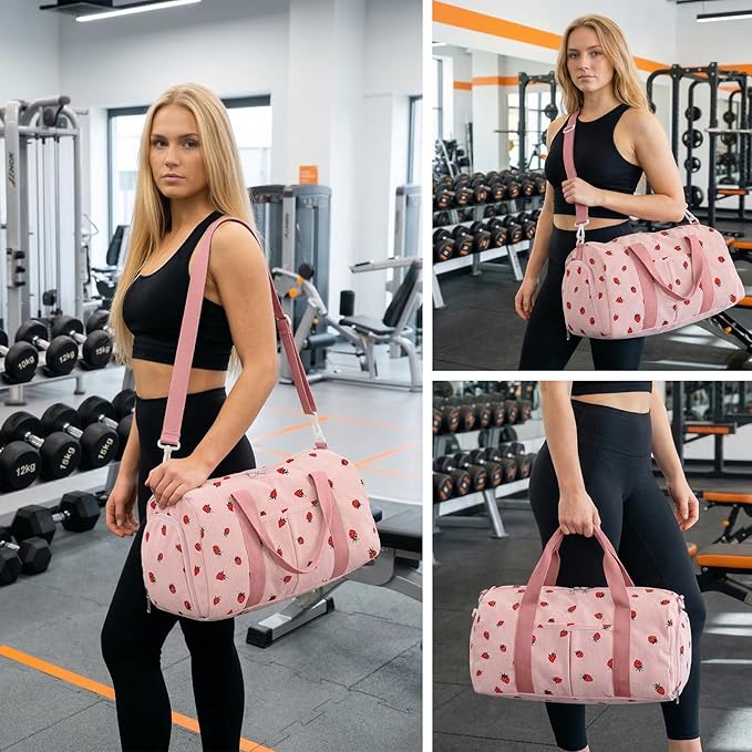 2PCS Cute Gym Bag for Girls, Corduroy Duffle Bag with Wet Pocket & Shoe Compartment and item bag, Duffle Bag for Travel, Sports, Fitness & Workout