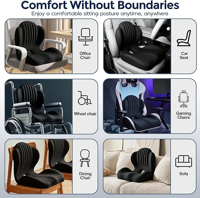 Seat Cushion for Office Chair and Car, L-Shaped Ergonomic Seat Cushions,Memory Foam Orthopedic Cushion with Coccyx Hollow,Lumbar Support & Tailbone Pain Relief for Car, Truck, Home,Gaming Chair,Black