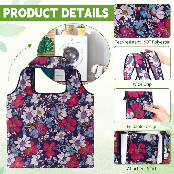 Paterr 50 Pack Reusable Foldable Grocery Bags 10 Patterns Bulk Shopping Totes Pocket Size Bags for Supermarket