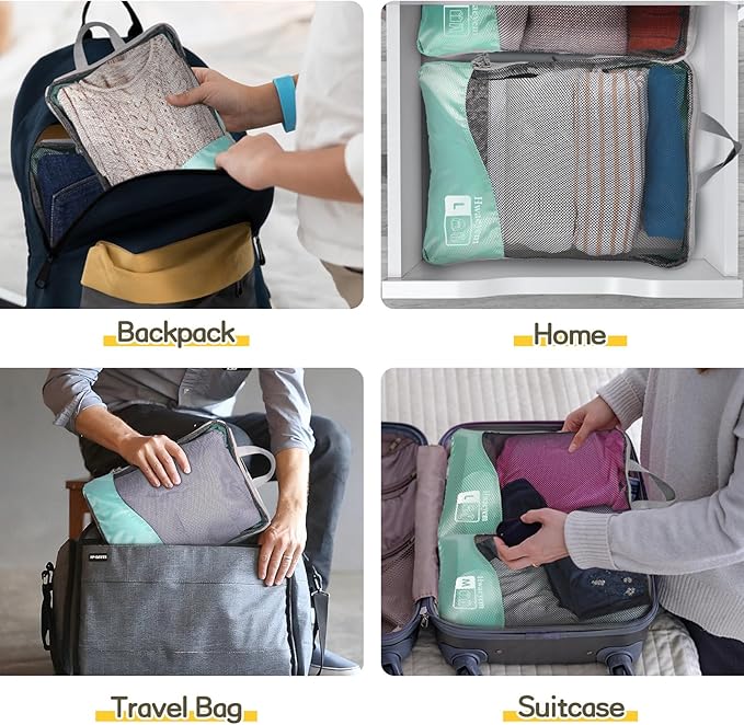 Compression Packing Cubes 8 Set, Dual Zipper Compression Packing Cubes for Travel, See-Through Mesh Packing Bags for Suitcases, Compression Cubes with Shoe Bag