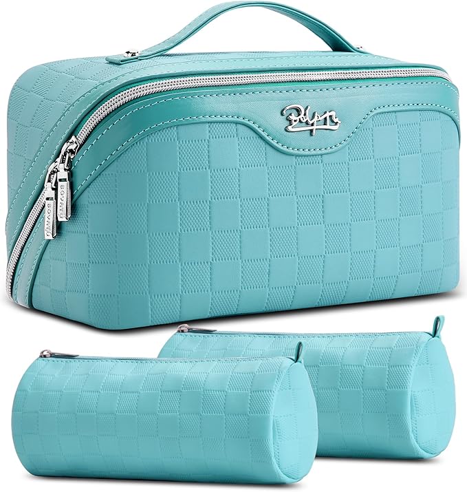 BOYATU Checkered Travel Makeup Bags: Vacation-Ready Light Blue Large Capacity Cosmetic Bag for Women - 3 Pcs Set Toiletry Organizer with Waterproof Leather - Easy to Clean Beach Trip Essential