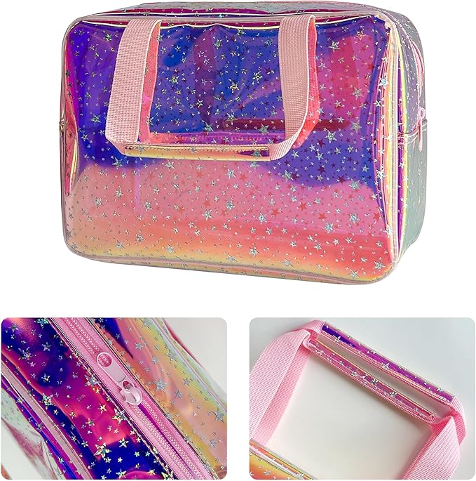 TPU Holographic Pink Star Large Cosmetic Bag 12x5x8 inch Travel Pouch with Handle,Durable Material,Zipper Design-Ideal for Makeup,Travel Essentials (9593-8)