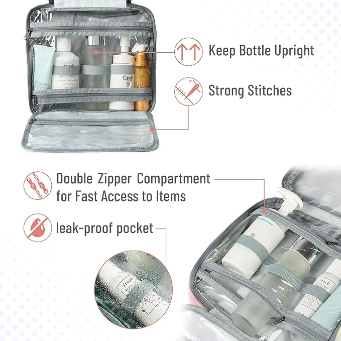 Ms. Pen-Travel Toiletry Bag Organizers, Baby Pink, Makeup Travel Bag for Toiletries with Hanging Hook, Water-Resistant