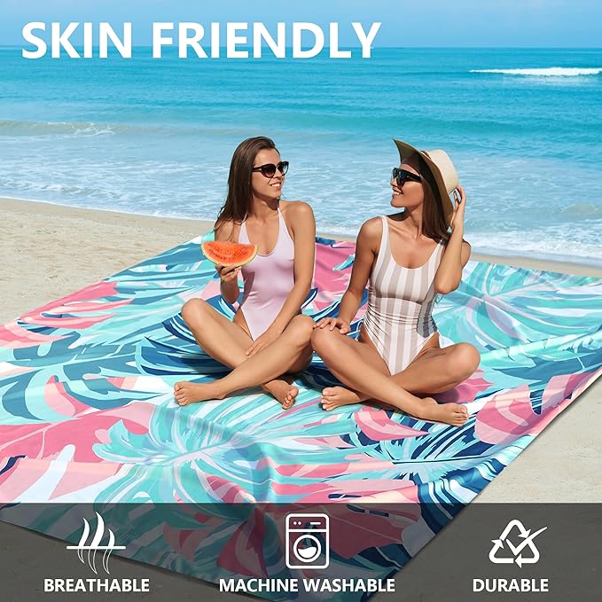 Beach Blanket Waterproof Sandproof Beach Mat for 1-8 Adults Quick Drying Durable Outdoor Picnic Mat for Beach Festival Travel Camping Hiking (Flamingoes-Palm, 79"×83"(4 Person))
