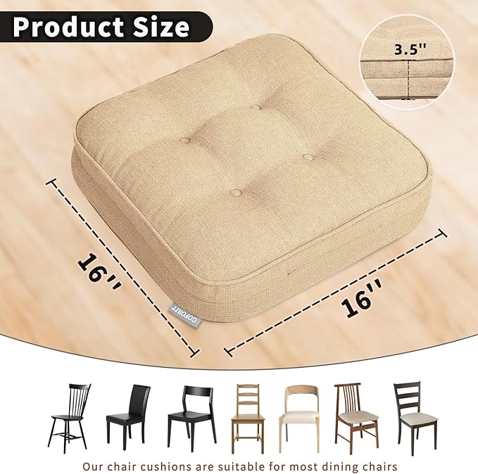 GOFORIT Memory Foam Cushion，Square Seat Cushions for Dining Chairs,Non-Slip Chair Pads with Removable Cover, 16'' x 16'', Khaki