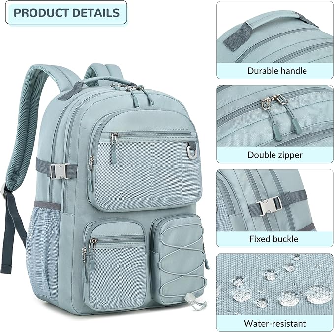Lohol Multi-Pocket Backpack for Travel College, Heavy Duty Big Bookbag with 15.6 inch Laptop Compartment (Green Graffiti
