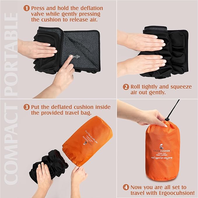 Inflatable Seat Cushion for Airplane & Travel – Portable Inflatable Pad with Built-in Pump, Adjustable Firmness, Tailbone & Back Pain Support, Carry Bag Included