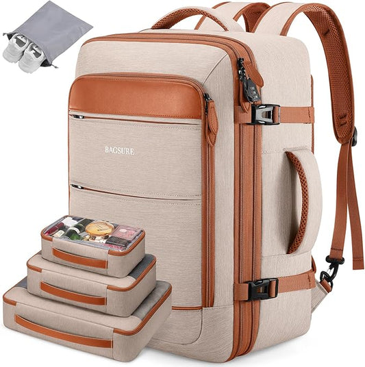 Bagsure Travel Backpack Carry On Backpack 42L Flight Approved, Expandable Laptop Backpack with Packing Cubes & Shoe Pocket, Water Resistant Luggage Backpack for Men Women, Large Backpack 20 * 14 * 7"