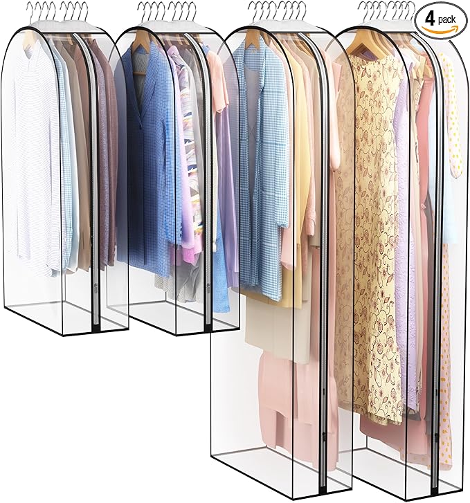 Liuoud Clear Garment Bag for Hanging Clothes 10” Gusseted, 40&60” Suit Bags for Open Closet Storage Plastic Clothes Cover for Coat, Dress, Shirts, Fur, Jacket, Wardrobe Protectors, 4 Pack