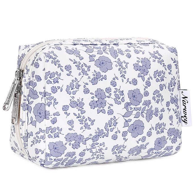 Narwey Small Cute Floral Makeup Bag for Purse Mini Cosmetic Bag Travel Makeup Pouch Zipper Pouch Cute Make up Bags with Compartments for Women Girls (Little Grayish Blue Flower, Small)