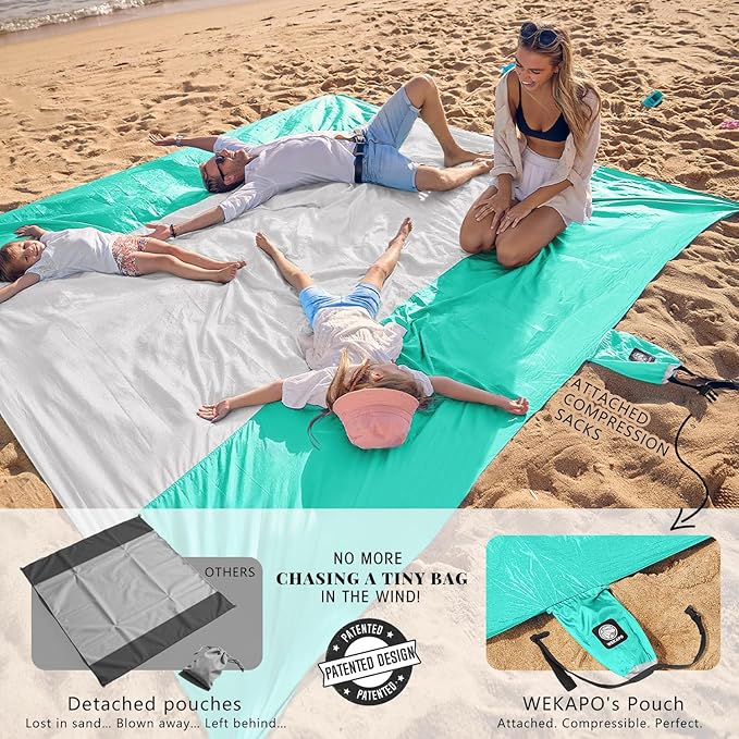 WEKAPO Beach Blanket Sandproof Waterproof, Extra Large Beach Mat, Oversized & Compact Sand Free, Quick Drying Beach Essentials for Vacation, Cruise, Picnic & Camping with Stakes