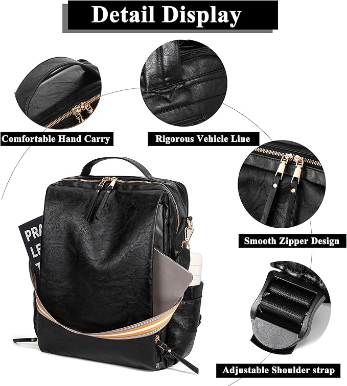myfriday PU Leather Large Backpack Purse for Women Casual Travel Backpack Convertible Satchel Handbags With Luggage Strap (Black)