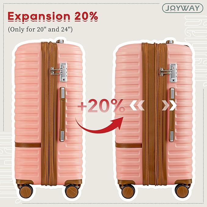 Joyway Expandable 24 Inch Luggage with Spinner Wheels, Lightweight Hard Shell Medium Checked Suitcase, 3 Piece Luggage Sets with TSA Lock, Pink Brown